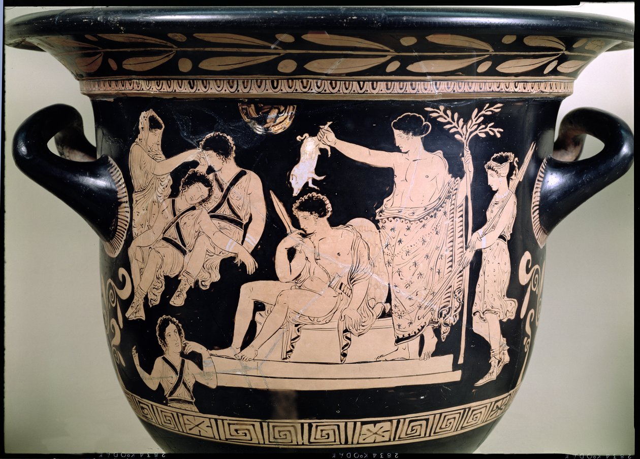 Orestes como um suplemento no Santuário de Apolo em Delfos, detalhe de um krater ático de figuras vermelhas, atribuído ao detalhe de cerâmica de 92567 do pintor de Eumenes de Apúlia. de Greek
