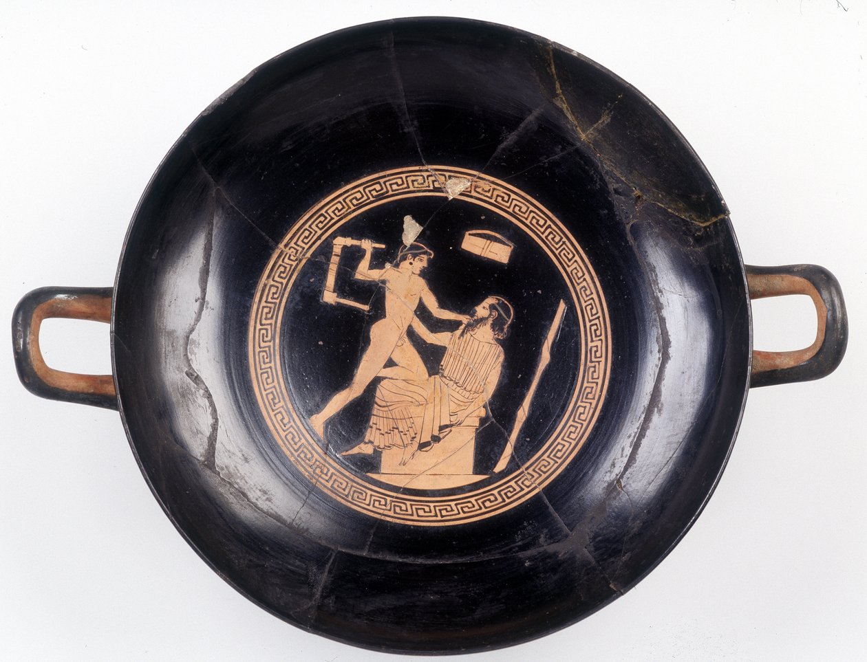 Pintura sobre corte: Representação de Heraclés acenando uma cadeira para derrubar seu mestre da música, 470 AC. BNF, Medal Office. de Greek