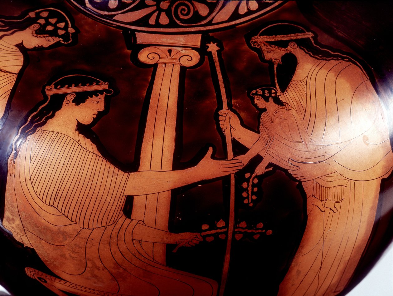 Pintura em jarro: Júpiter (Zeus) apresenta o jovem Dionísio (Bacco) a duas mulheres. 480 AC. BNF, Escritório de Medalhas. de Greek