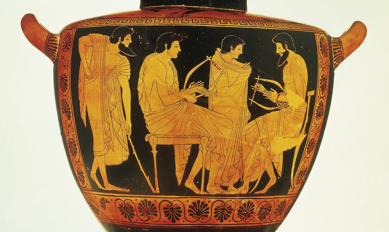 Cerâmica de algarismos vermelhos, Hidria do Sótão por Phintias retratando a aula de música de Greek