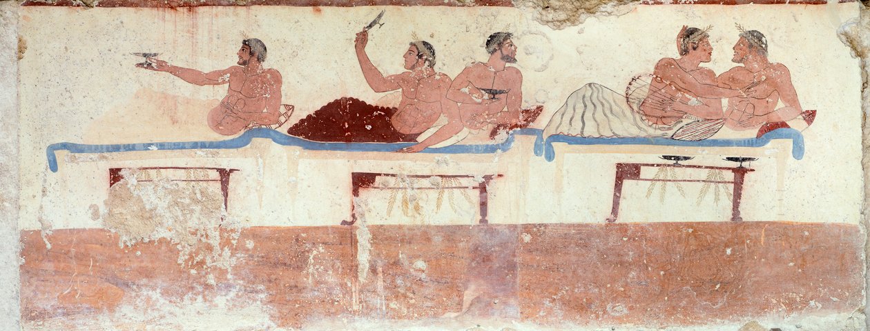 Cena do simpósio, c.480-490 a.C. (fresco) de Greek