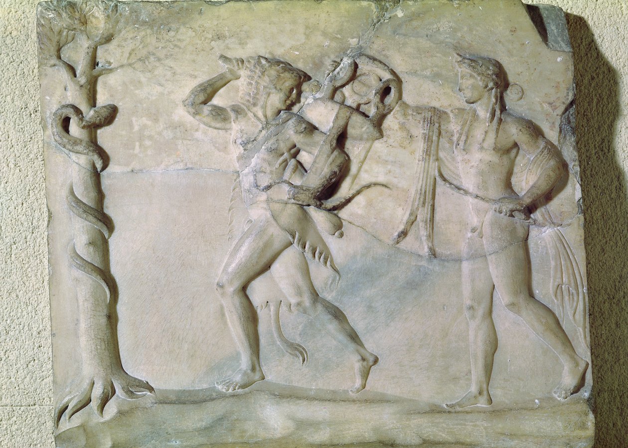 Tablet mostrando Hercules carregando o Tripé Delphic na frente de Apollo (mármore) de Greek