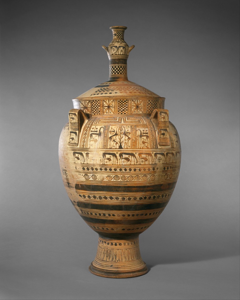 Krater de terracota com tampa encimada por uma pequena hydria, c. 750–740 aC (terracota) de Greek