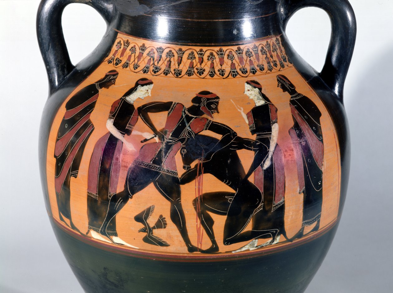 Teseu Lutar contra o Minotauro, detalhe de uma ânfora ática de figuras negras (cerâmica) de Greek