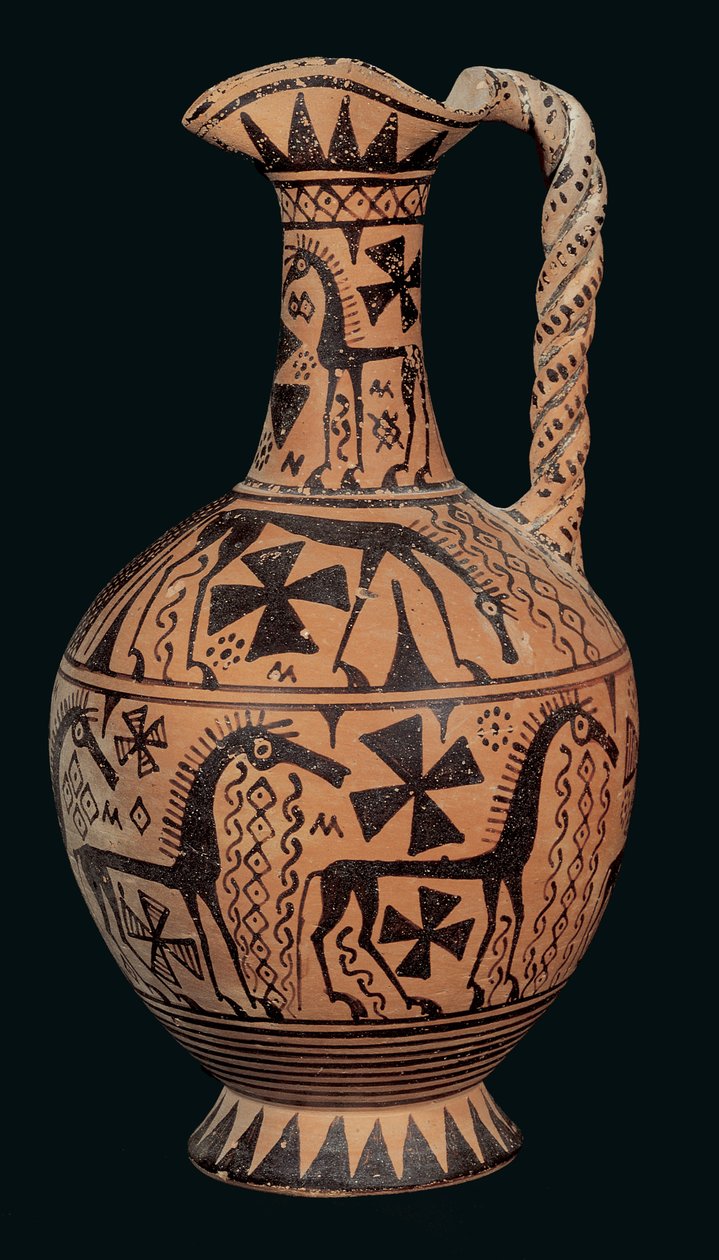 Oinocho de boca de trevo decorado com cavalos, de Skyros, Sporades, Período de Orientação (675-650 aC) (argila pintada) de Greek