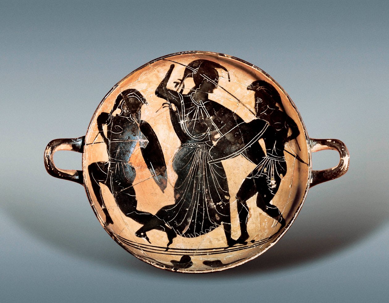 Guerra de Tróia: Deusa Atena lutando entre Hector e Aquiles. Século VI a.C. Kylix (copo de bebida) tem figuras negras em cerâmica, Museu Arqueológico da Catalunha, Barcelona. de Greek