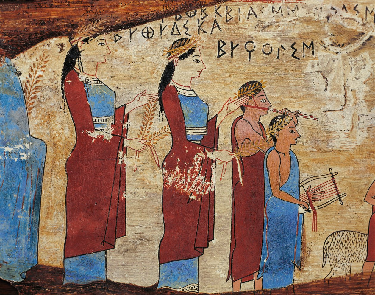 Painel votivo da caverna Pitsa perto de Sikyon, detalhe, procissão com oferendas, tocadores de lira e flauta, inscrição grega de Greek