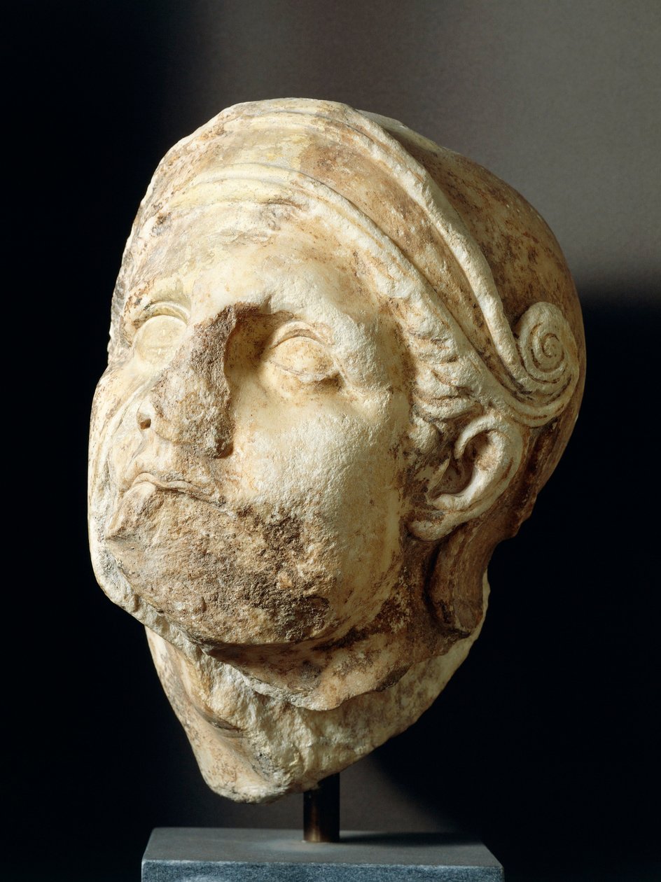 Cabeça de guerreiro por Skopas (340-420BC) em frente ao Templo Athena Alea em Tegea, século IV a.C. (foto) de Greek