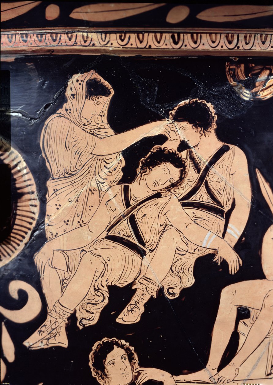 Krater ático de figuras vermelhas representando Orestes como suplicante no santuário de Apolo em Delfos, atribuído ao Pintor das Eumênias de Apúlia, c.380 aC (cerâmica) (detalhe) de Greek School