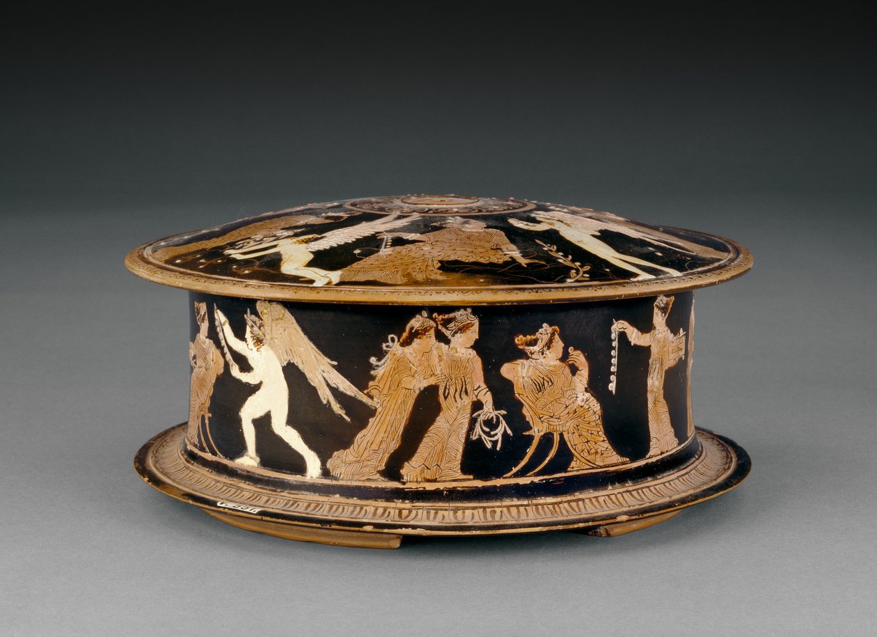 Píxis áticas de figuras vermelhas decoradas com mulheres e erotes ou cupidos, perto do pintor Meidias, final do século V aC (cerâmica) de Greek School