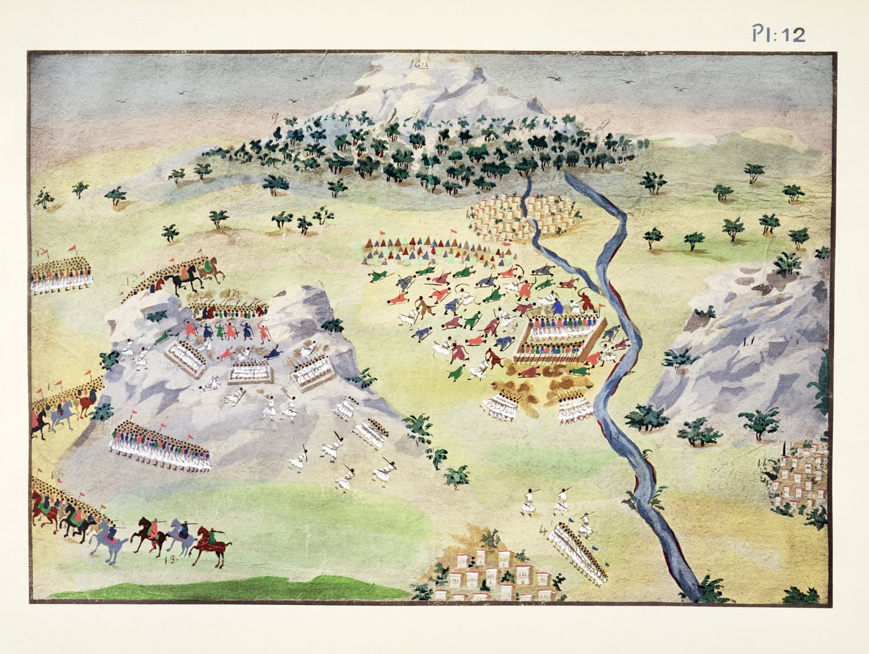 Batalhas entre turcos e gregos em Karpenisi e Kaliakouda, prato 12 da História Pictórica da Guerra da Independência Grega pelo General Makryjannis de Greek School