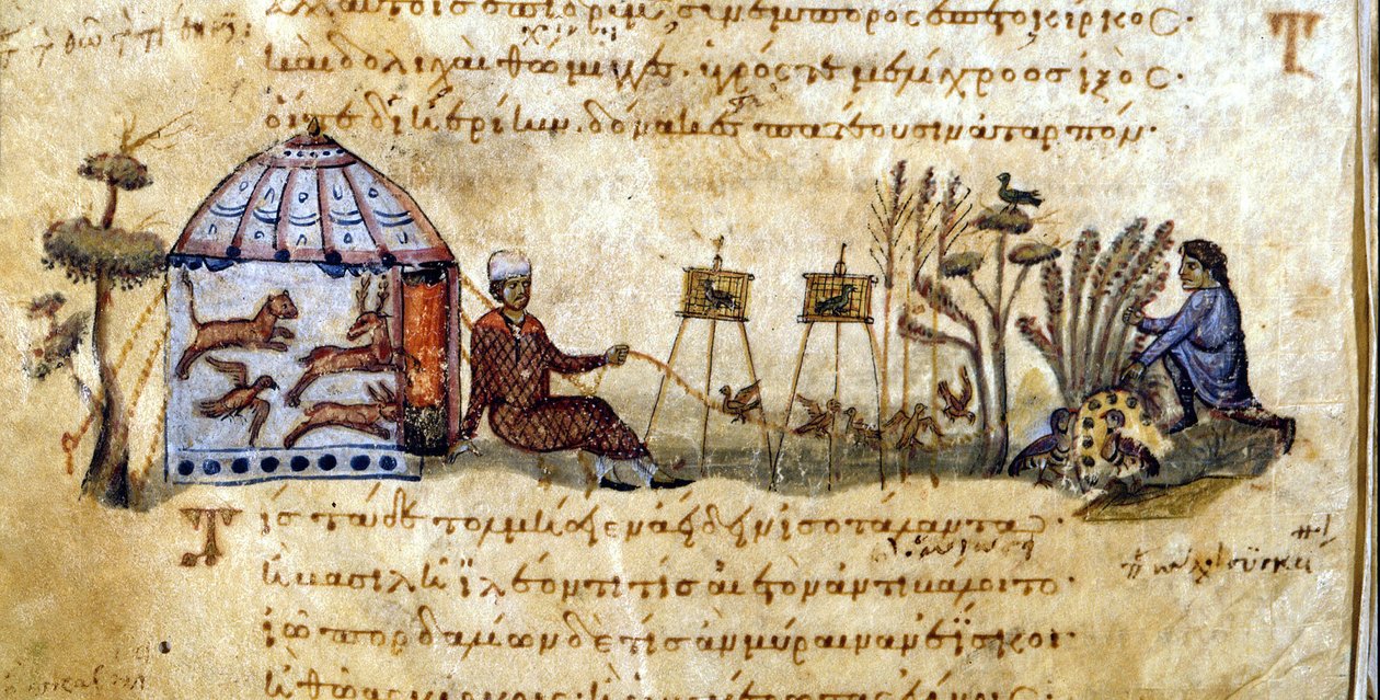 Aves de chamada - em "De venatione" de Oppianus, manuscrito grego do século XIII. Biblioteca Marciana. Veneza de Greek School