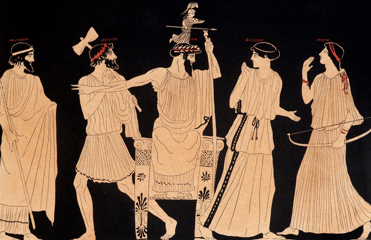 Nascimento de Atena saindo da cabeça de Júpiter (Zeus), pintura encontrada em Vulci, ed. século 20. de Greek School