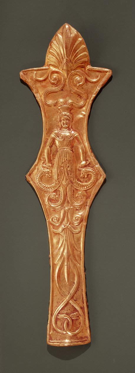 Frontlet bridle, placa com uma representação de uma mulher com pernas de cobra (ouro) de Greek School