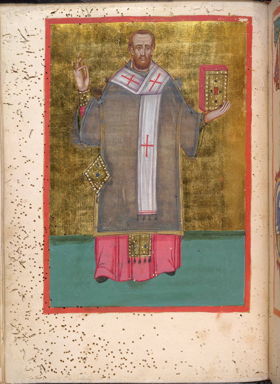 Egerton 2392, f.5v, Miniatura de um João Crisóstomo em pé segurando um livro, de 
