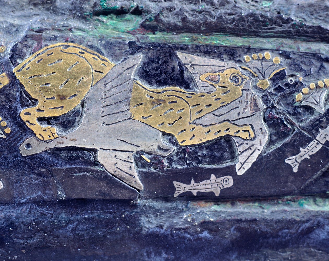 Adaga gravada em ouro, prata, bronze e niello, do Túmulo IV do Círculo de Micenas, Grécia, Detalhe: caça aos felinos, arte de ourivesaria, civilização micénica de Greek School