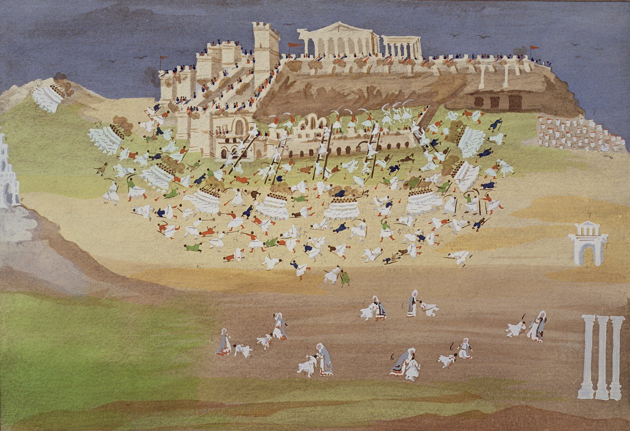 Primeira batalha de Atenas em 1826, da história pictórica da guerra grega de independência de Greek School