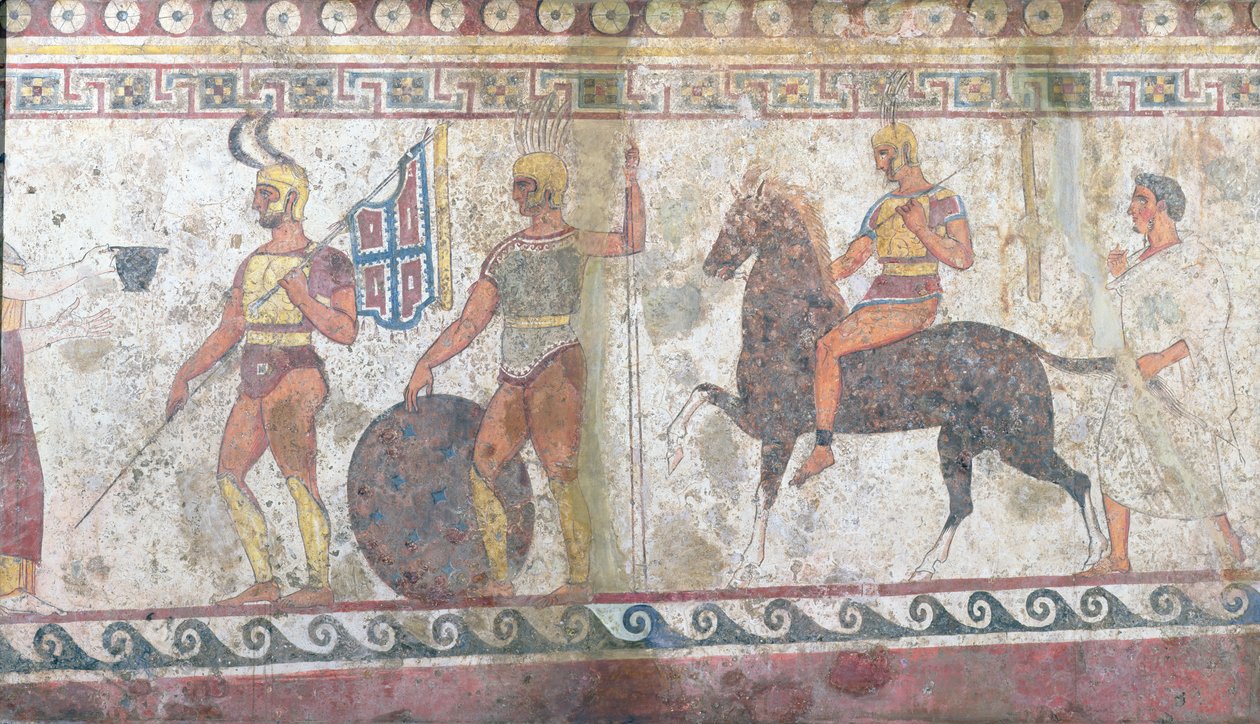 Soldados de infantaria e cavalaria, pintura de túmulos de Paestum (ver também 186246) de Greek School