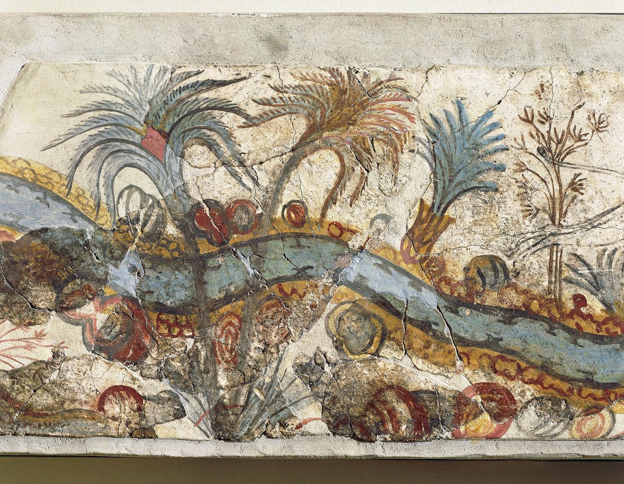 Fresco representando a paisagem fluvial, de Akrotiri, ilha de Thera, Santorini, Grécia, detalhe de Greek School