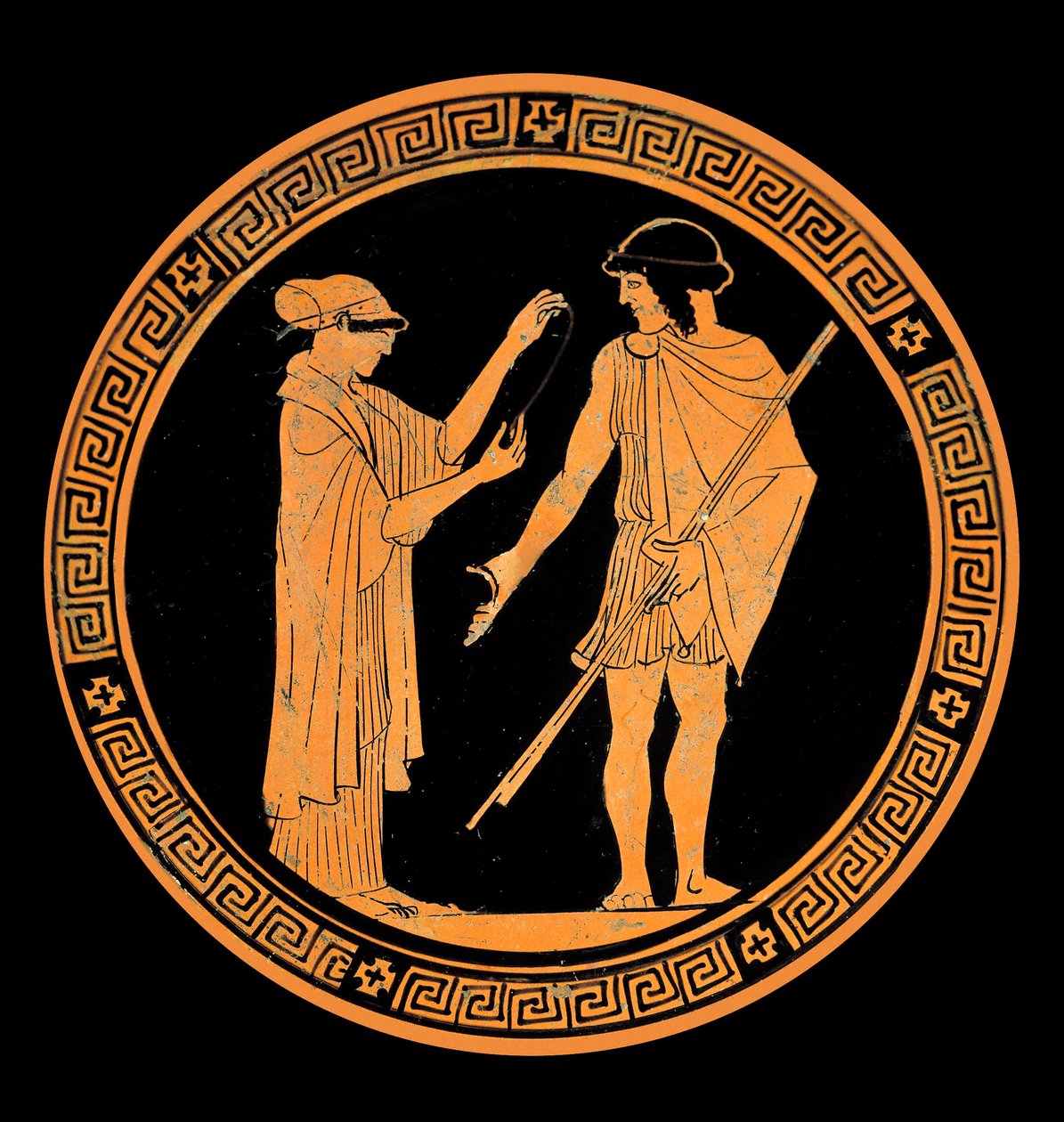 Conversa galante, decoração de uma cerâmica com figuras vermelhas. Século V a.C. (cerâmica) de Greek School