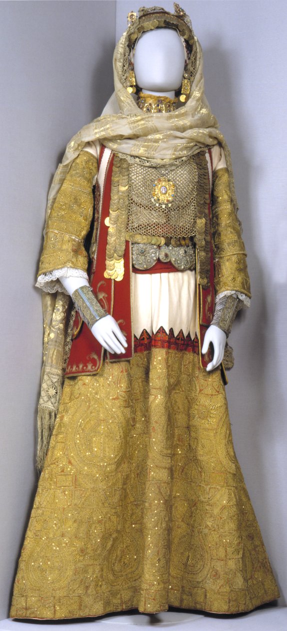 Fato de noiva dourado de Attiki de Greek School