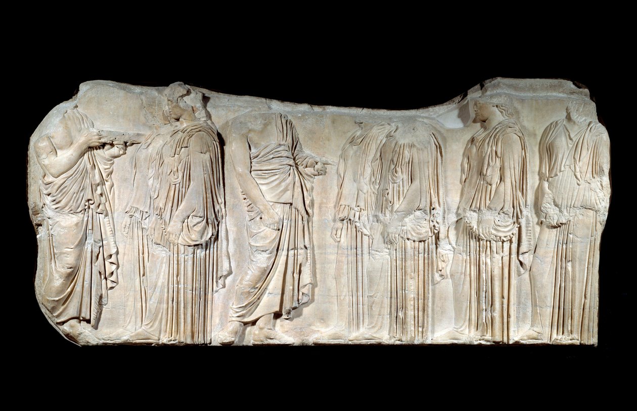 Arte grega: fragmento do friso do Partenon: procissão da festa dos Grandes Panathenees: autorizadores e ergastines. Período clássico. Paris, Museu do Louvre de Greek School