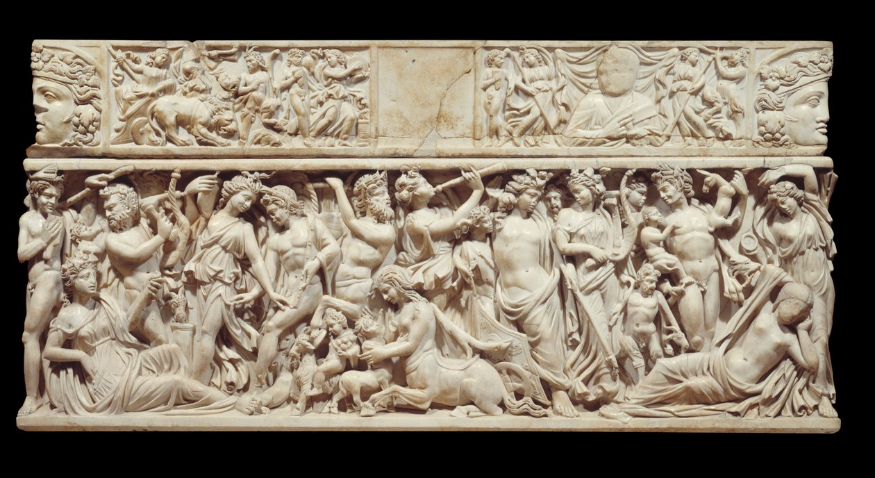 Arte grega: relevo esculpido em mármore de um sarcófago representando Dionísio (ou Baco) descobrindo Ariane adormecida. A divindade é acompanhada pelo seu cortejo de sátiros. 230 D.C. De Saint Medard d