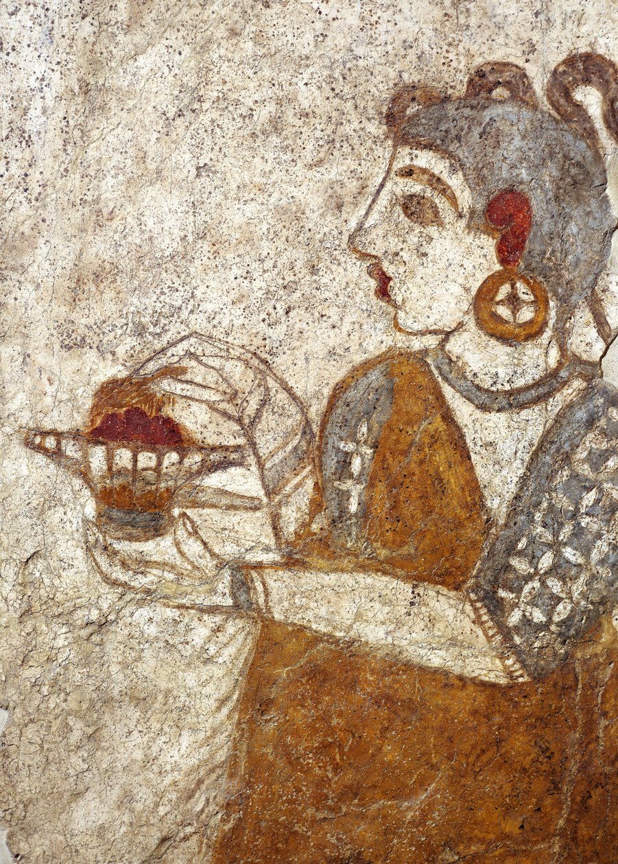 Civilização grega, fresco representando a sacerdotisa queimando incenso, de Akrotiri, ilha de Thera, Santorini, Grécia de Greek School