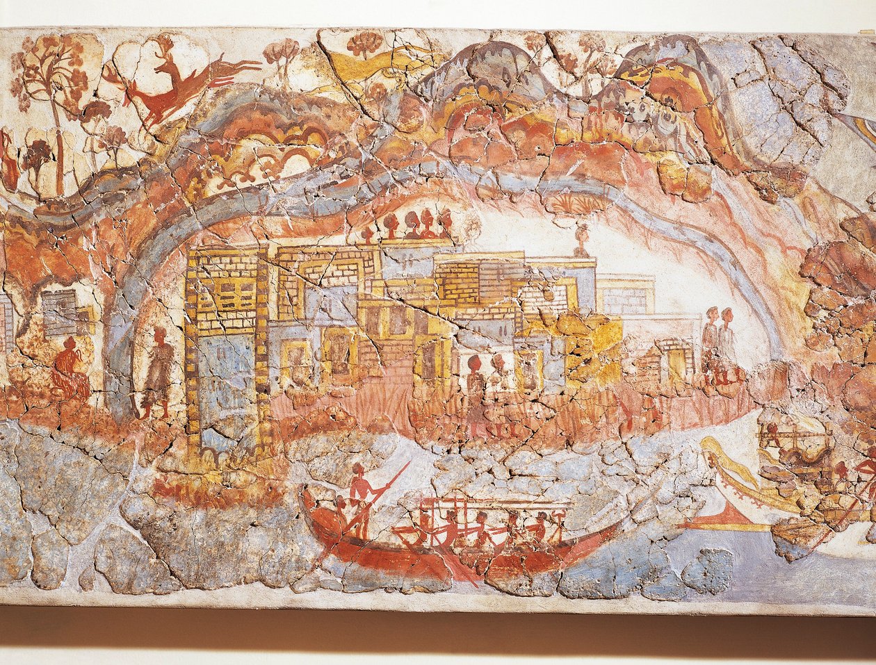 Civilização grega, fresco representando a procissão de navios, de Akrotiri, ilha de Thera, Santorini, Grécia de Greek School