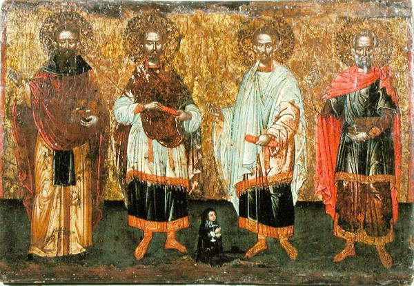 Ícone que representa as SS. Cosmas e Damian (óleo sobre painel) de Greek School