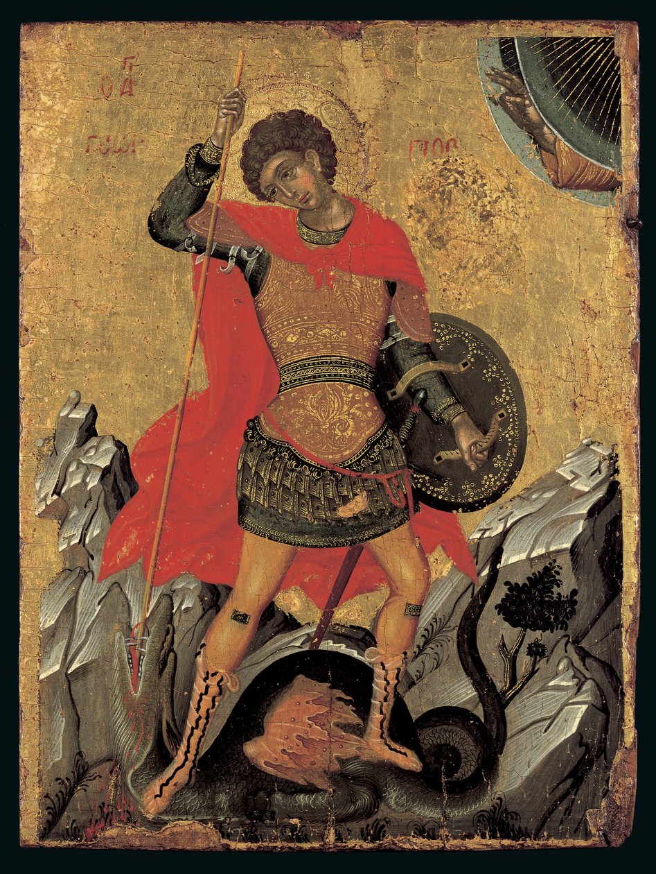 Ícone de São Jorge Matando o Dragão (tempera de ovo no painel) de Greek School