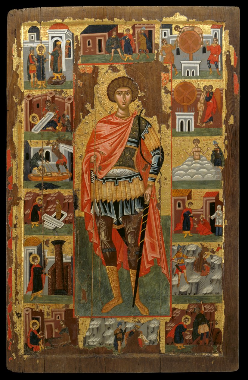 Ícone de São Jorge com cenas de sua vida (tempera de ovo no painel) de Greek School