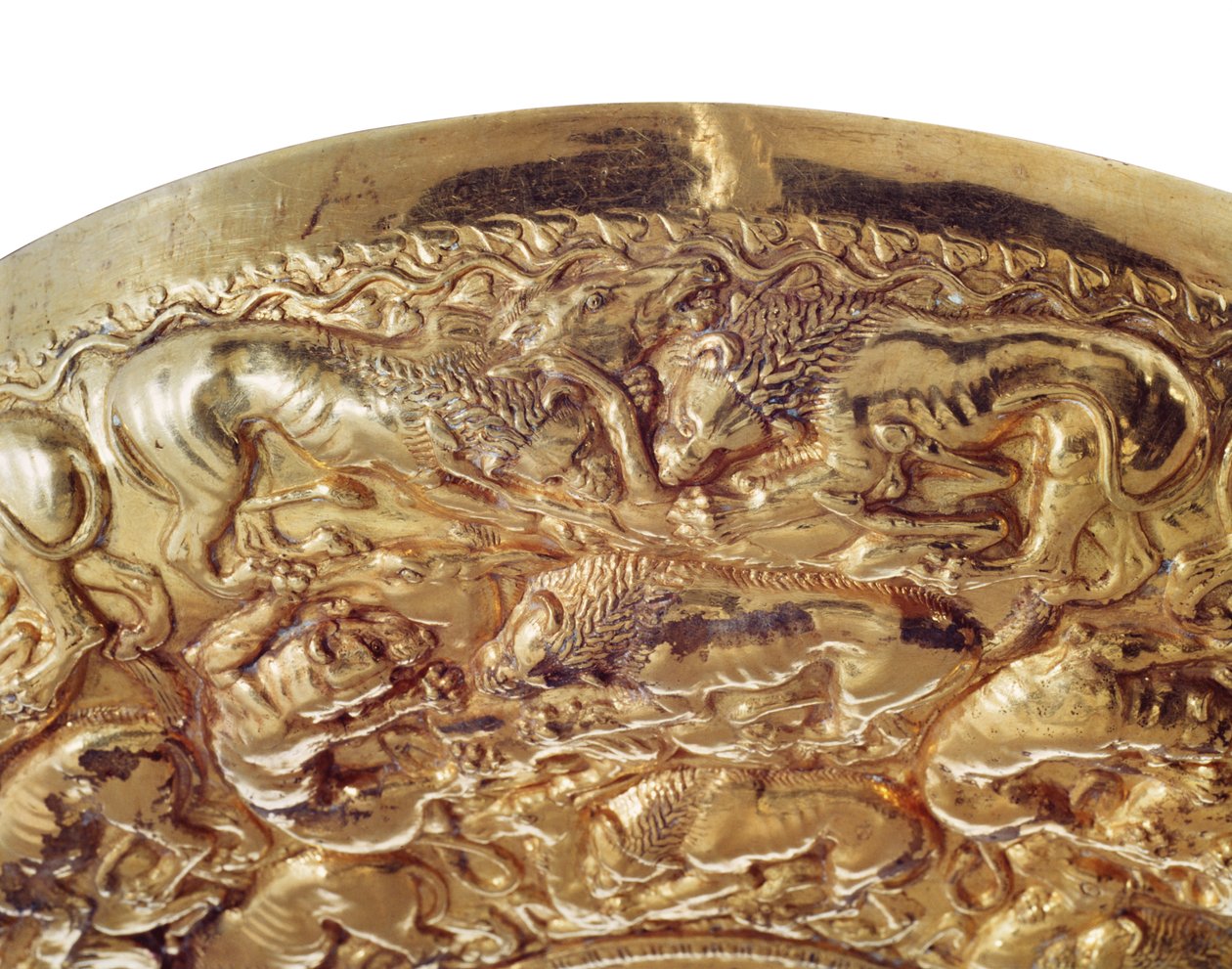 Bacia de Libation com decorações em relevo em forma de leões e panteras (ouro) de Greek School