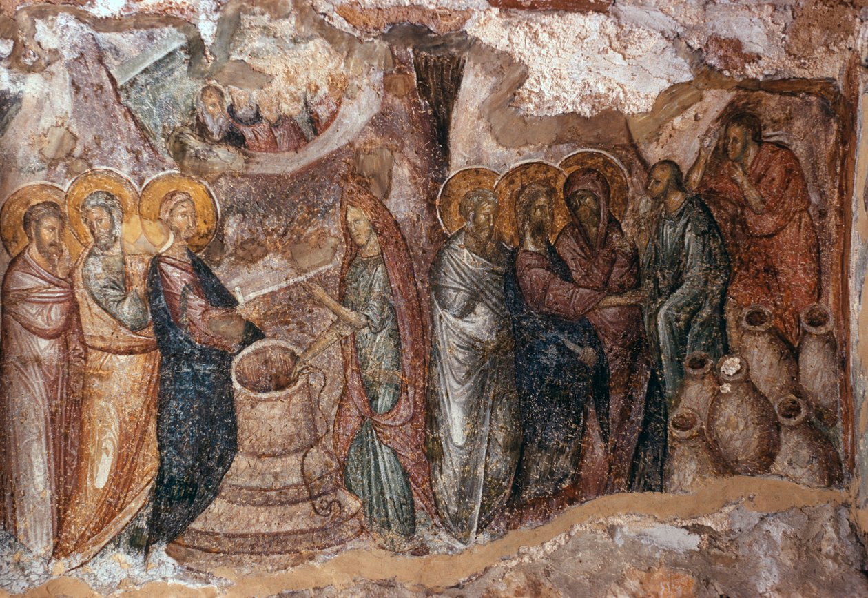 Casamento, em, cana, narthex, parede, quadro, Afendiko, igreja, Brontochion, mosteiro de Greek School