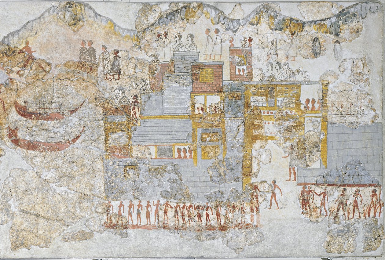 Afresco em miniatura representando uma frota naval que sai da doca, da casa ocidental de Thera ou Santorini, Grécia de Greek School