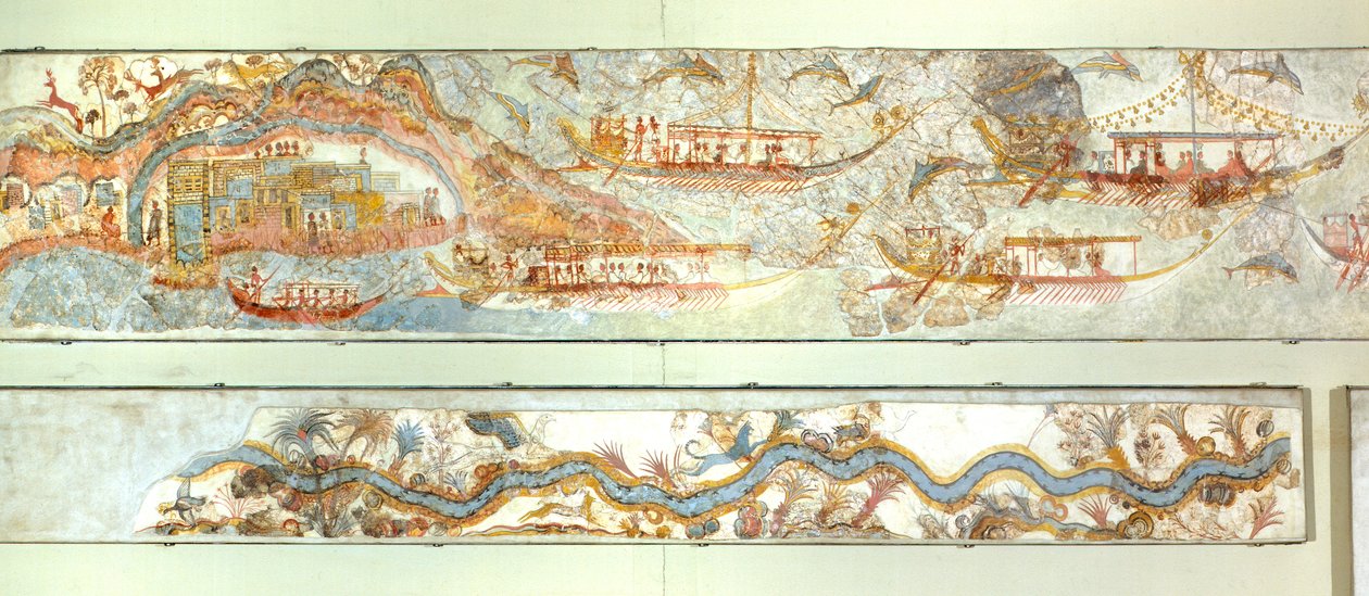 Expedições navais e paisagem fluvial, Akrotiri fresco, Thera (hoje Santorini), Grécia, Civilização Minoana de Greek School