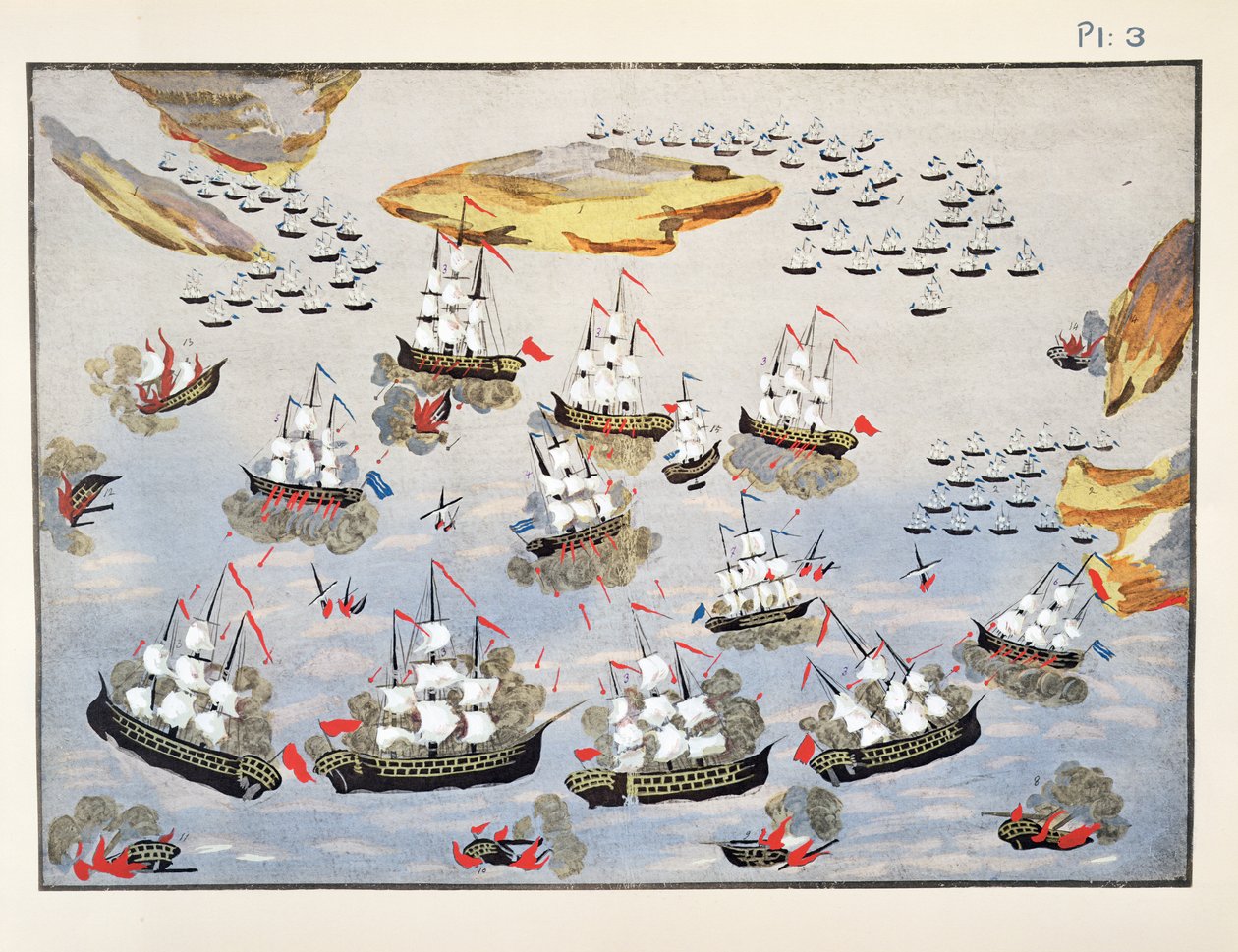 Visão geral das batalhas navais durante a guerra, placa 3 da história pictórica da Guerra da Independência grega pelo general Makryjannis de Greek School