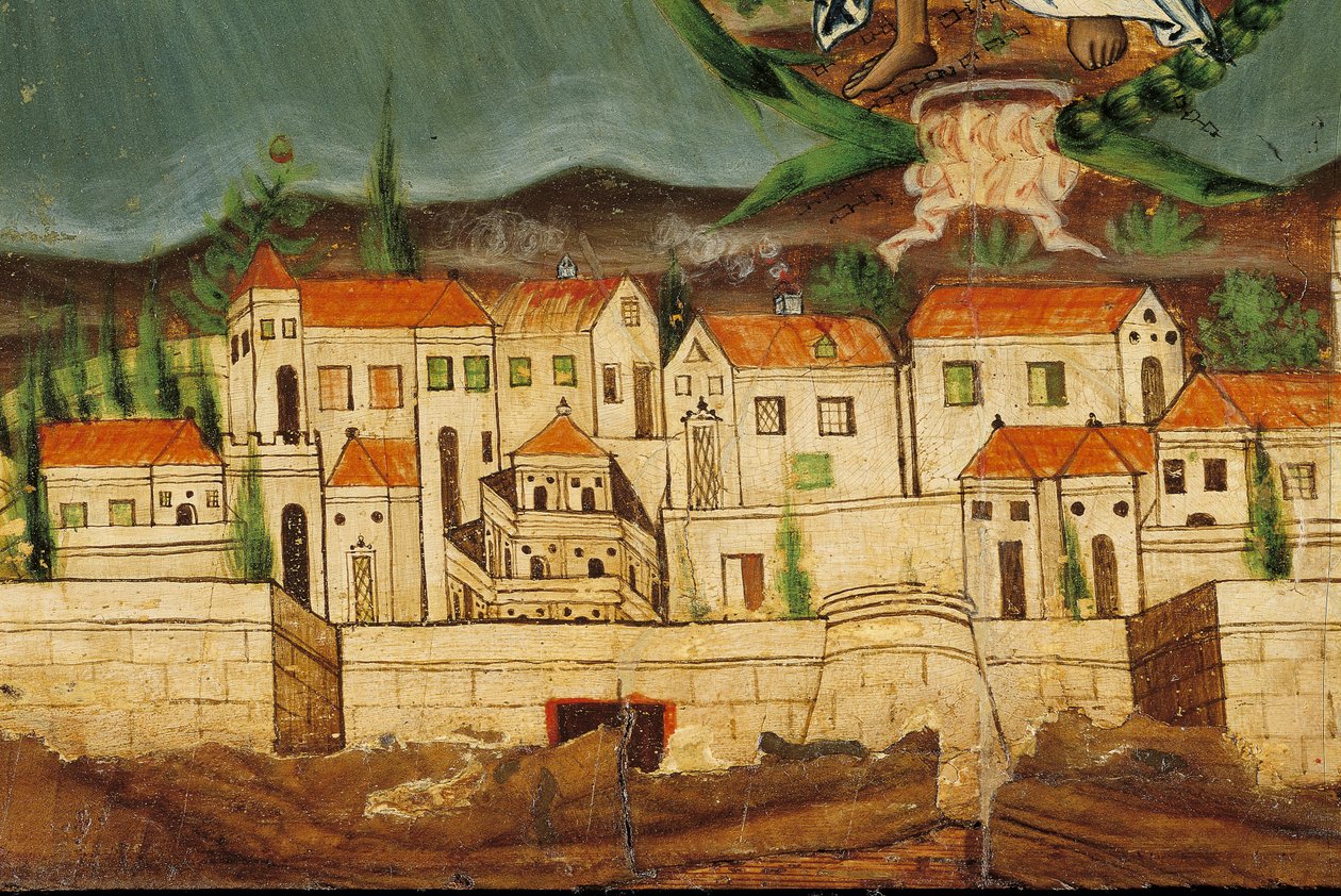 Pelmet retratando o renascimento da Grécia, detalhe de Constantinopla, de Syros, Cyclades (tempera de ovo sobre madeira) de Greek School