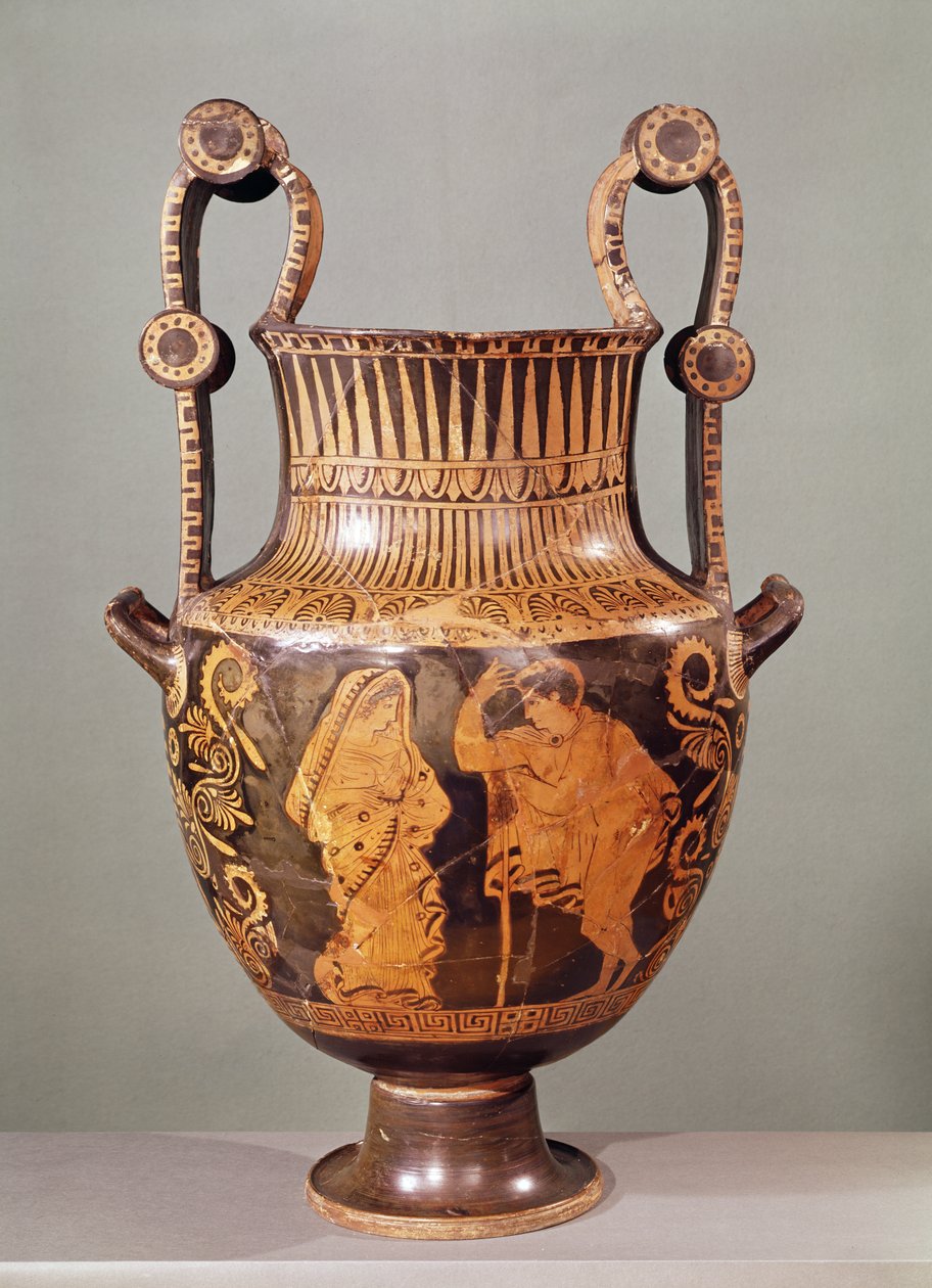 Cratera de figuras vermelhas representando uma conversa entre um efêbe e uma mulher usando um himation, da Beócia (cerâmica) de Greek School