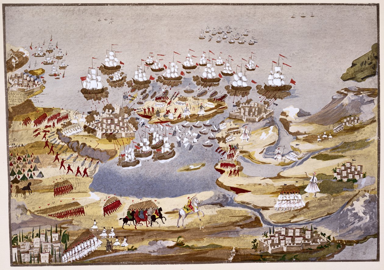 Cerco e Batalha Naval, placa 13 da História Pictórica da Guerra da Independência Grega pelo General Makryjannis de Greek School