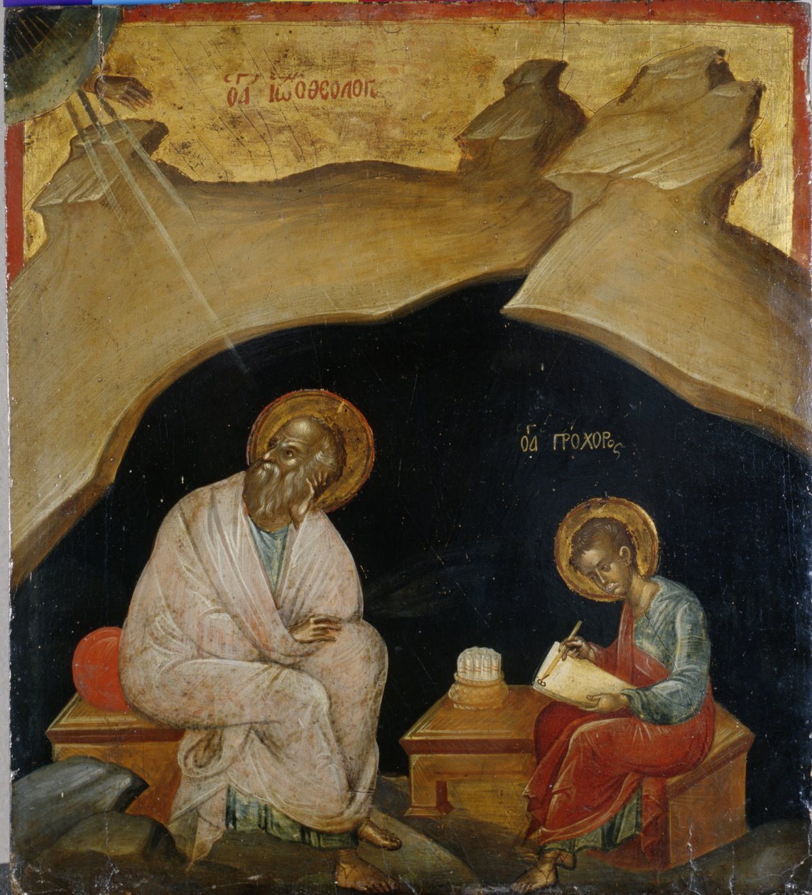 São João Evangelista, com seu escriba Prochoros (tinta brilhante sobre madeira de álamo) de Greek School
