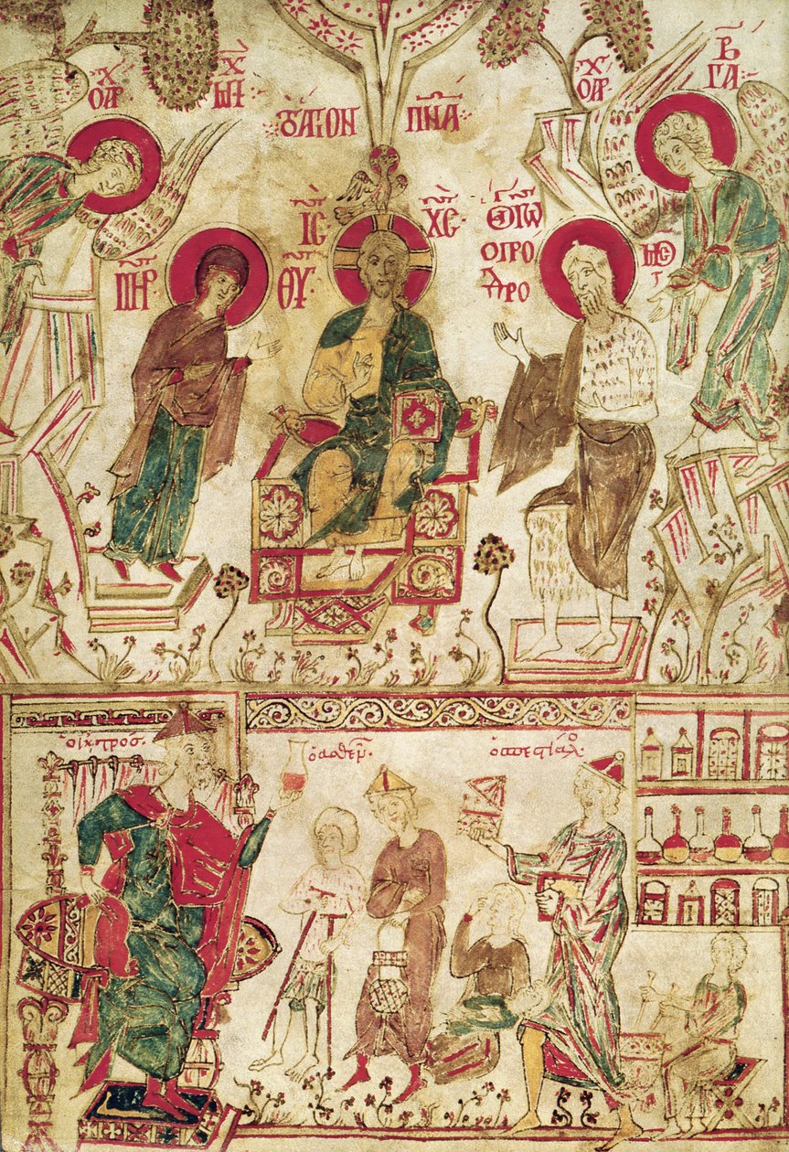O Doutor Bizantino Myrepsos recebendo os pacientes, de um manuscrito grego, do século XIII de Greek School