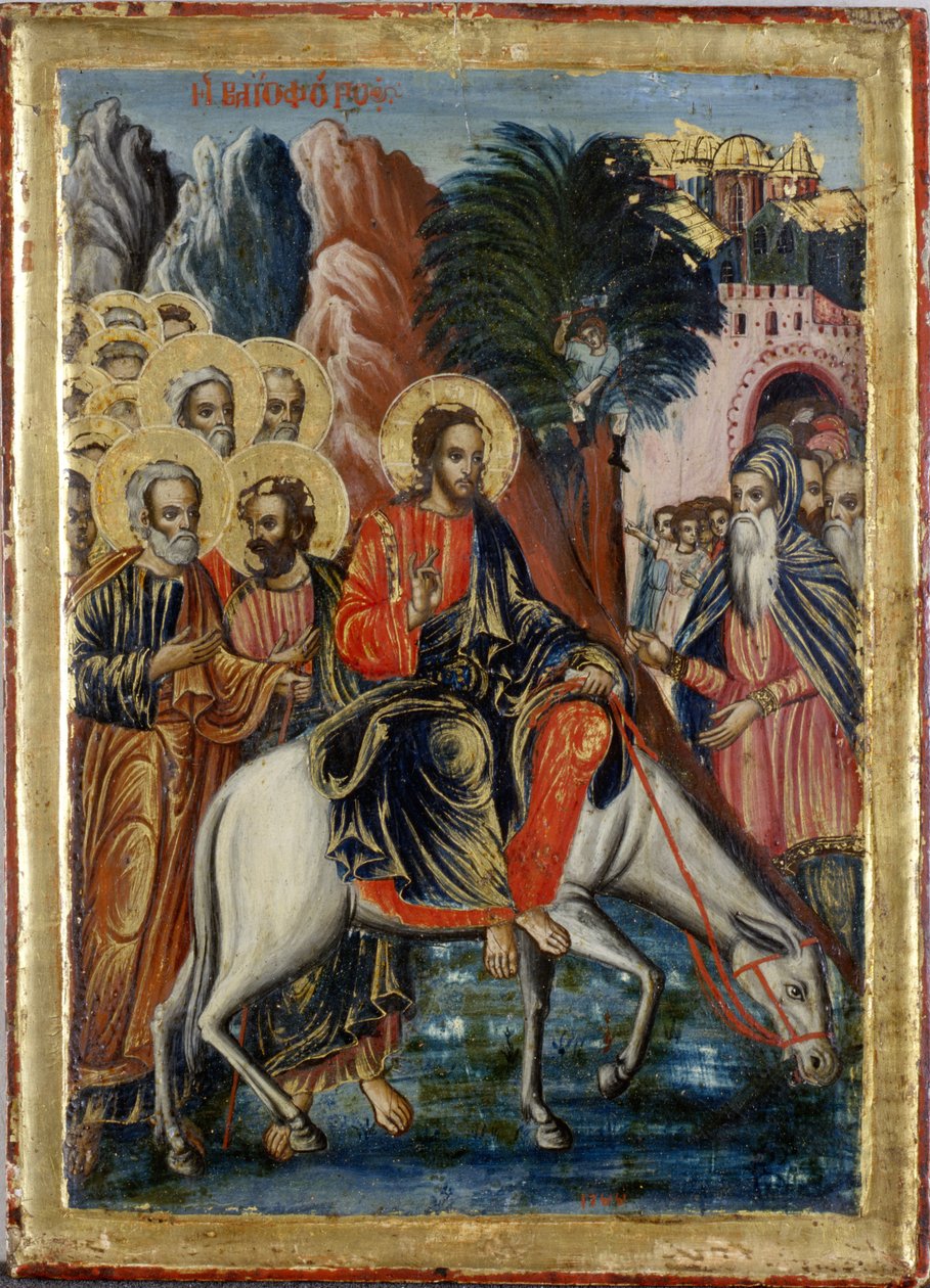 A entrada em Jerusalém (tempera na madeira) de Greek School