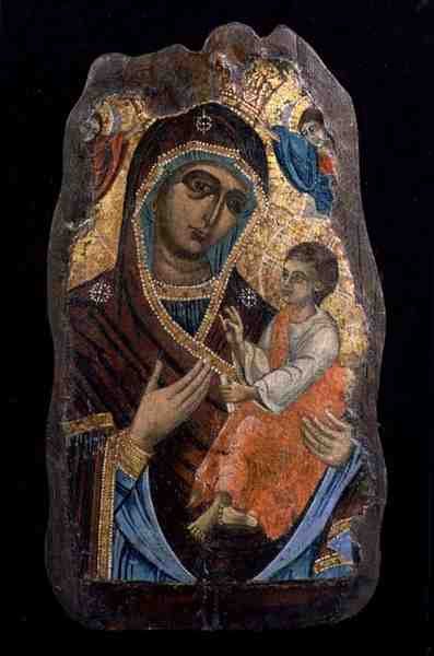 A Mãe de Deus Hodegetria, fragmento (tempera no painel) de Greek School