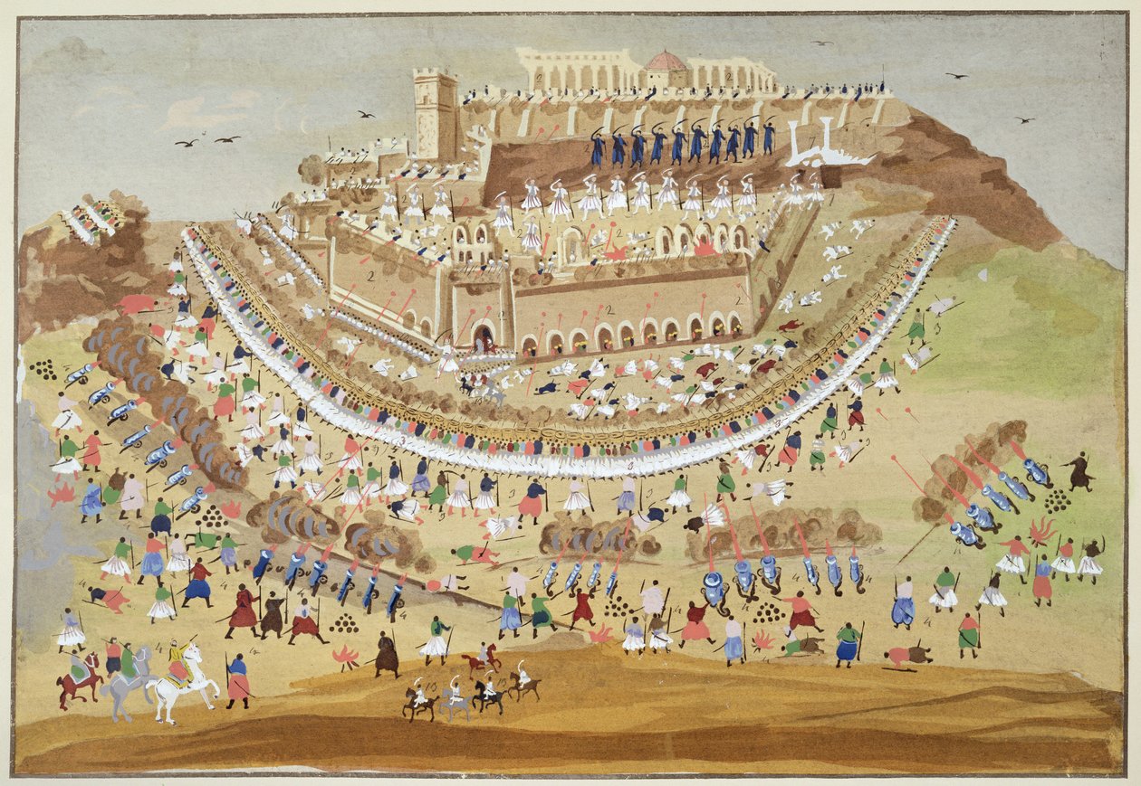 O Cerco de Atenas em 1827, da História Pictórica da Guerra da Independência Grega de Greek School