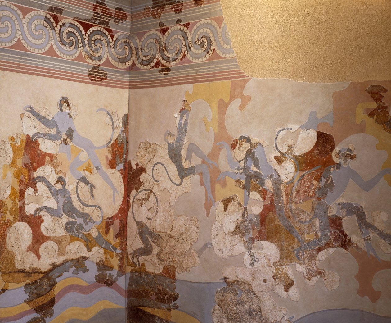Os macacos azuis, fresco do Complexo B, sala 6 de Akrotiri, Thera (hoje Santorini) (Grécia). Civilização Minoana de Greek School