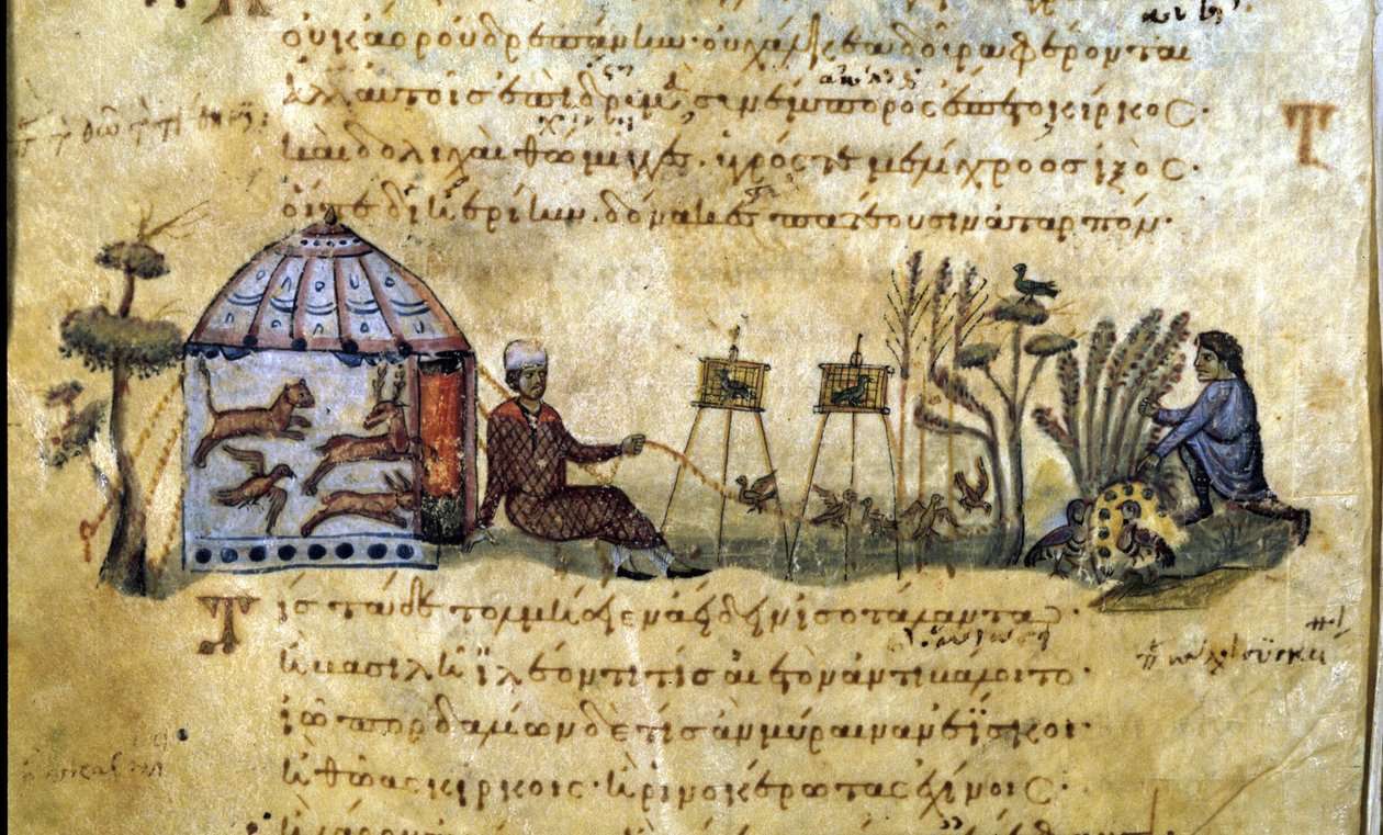 A caça de aves à chamada. Manuscrito grego por Oppianus De Venatione de Greek School
