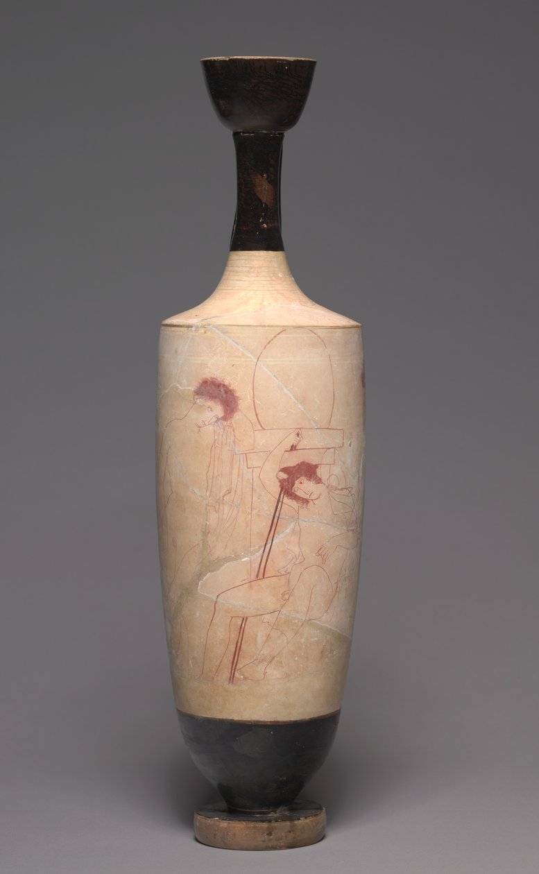 Lekythos de terra branca (jarro funerário a óleo), c.420 a.C. (terracota pintada) de Greek School
