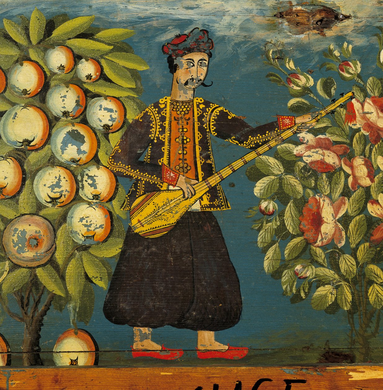 Detalhe, de, um, músico, de, um, peito, de, Mytilini, lesbos, 18º-19th, século, (egg, tempera, ligado, wood) de Greek School