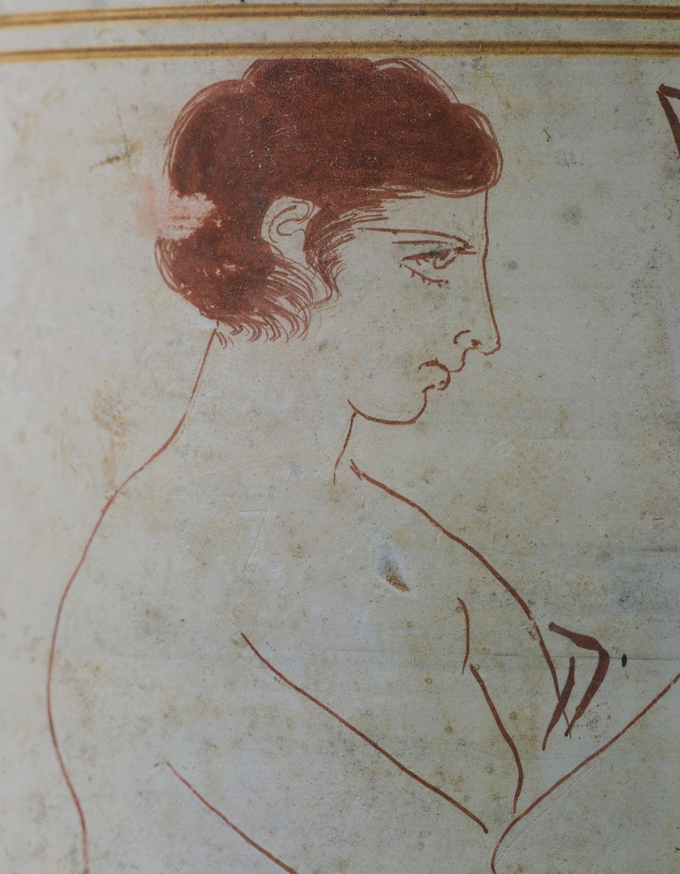 Lekythos do sótão, mostrando uma cena fúnebre de um guerreiro sentado em frente ao seu túmulo, 420-410 AC, atribuída ao Pintor Parrhasius de Éfeso, ceramista de terra branca de Atenas, Grécia. Detalhe. Civilização Grega, Século V a.C. de Greek School